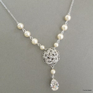 bridal necklace, wedding rhinestone necklace, pearl bridal necklace, pearl necklace, rhinestone necklace, statement necklace, ROSELANI image 2