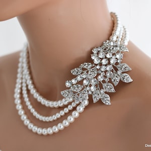 Bridal Pearl Rhinestone Statement Necklace: Vintage Wedding Jewelry, CALI