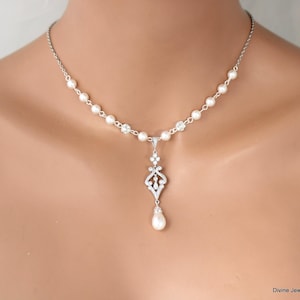 Art Deco Pearl Bridal Necklace: Cubic Zirconia Wedding Jewelry, Luna
