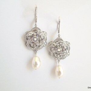 Braut Kronleuchter Ohrringe, Hochzeit Schmuck Perle Tropfen, Viktorianischen Rose Design, Silber oder Gold, ROSELANI Bild 6