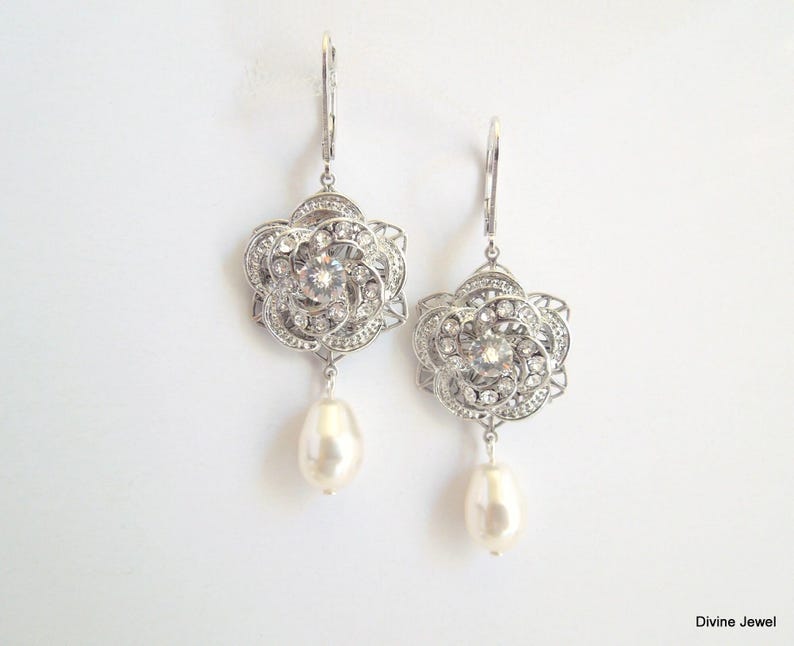 Braut Kronleuchter Ohrringe, Hochzeit Schmuck Perle Tropfen, Viktorianischen Rose Design, Silber oder Gold, ROSELANI Bild 6