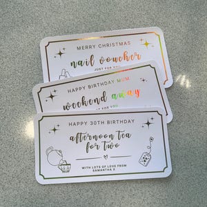 Boleto de regalo personalizado con lámina dorada, cupón de experiencia personalizado con mensaje, recuerdo de lujo para ella o pareja, paquetes de boletos con lámina dorada