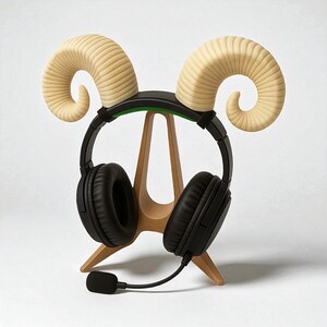 May include: A wooden headphone stand with a ram horn design. The stand holds black headphones with a microphone. The horns are light beige and the stand is made of light brown wood. The stand has a green accent.