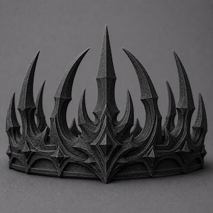 May include: A matte black crown featuring a series of tall, sharp, pointed spikes and curved, blade-like elements. The base is adorned with small, diamond-shaped protrusions, and the entire surface displays a fine, textured, layered finish.