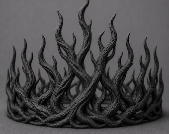 May include: A matte black crown featuring a complex, organic design of intertwined, textured branches that rise upward in varying heights, mimicking the appearance of gnarled tree roots or flames, forming a continuous circular band structure.
