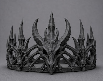 May include: A matte black crown featuring a central dragon skull motif with prominent horns and sharp, pointed spikes. The circular band is decorated with smaller skull accents and intricate, skeletal rib-like structures throughout the design.
