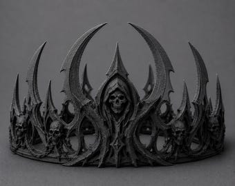 May include: A matte black crown featuring a series of sharp, curved spikes and multiple skull motifs integrated into the structure. The central element displays a hooded skull figure, with additional smaller skulls positioned around the circular base.