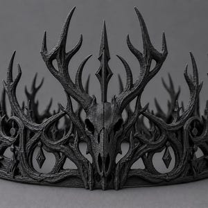 May include: A matte black crown featuring a central animal skull motif integrated with branching antler-like structures. The design includes intricate, textured vine-like patterns and small diamond-shaped accents along the circular band.