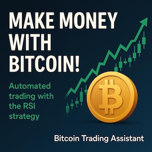 Puede incluir: Un anuncio con el texto "MAKE MONEY WITH BITCOIN!" en letras blancas. Se presenta una moneda Bitcoin dorada, junto con un gráfico de líneas verdes con tendencia alcista. También se incluye el texto "Automated trading with the RSI strategy".