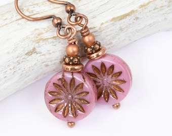 Pink and Copper Dangle Earrings - Medium Rose Pink Earrings - Antique Copper Jewelry Gift for Women - Beaded Earrings Dusty Rose Glass