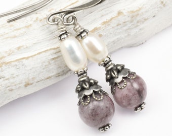 Vintage Inspired Pearl and Gemstone Silver Earrings - Dark Antique Silver Jewelry with Freshwater Pearls and Mauve Jasper - Dangle Earrings