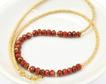 Red and Gold Necklace - Oxblood Red Beaded Choker Necklace - Delicate Glass Beaded Necklace Gift for Women - Dark Red Jewelry