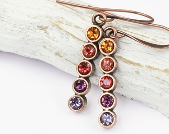 Colorful Copper Earrings - Rustic Copper and Crystal Earrings - Dangle Earrings Set with Warm Autumn Colored Crystals - Purples Reds Orange