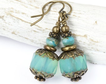 Aqua and Antique Brass Earrings - Chunky Light Teal Turquoise Blue Glass Dangle Earrings - Aquamarine Opaline Blue Earrings - Gift for Women