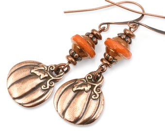Pumpkin Earrings!  Copper and Orange Earrings for Thanksgiving Halloween Fall Harvest Jewelry - Long Dangle Earrings Pumpkin Jewelry