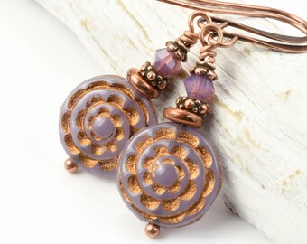 Purple Earrings - Beaded Copper Earrings - Glass and Crystal Dangle Earrings Gift for Women - Mauve Purple Jewelry - Copper Jewelry Bohemian