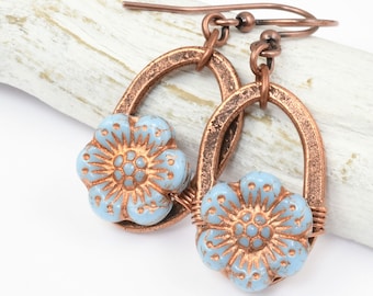 Sky Blue and Copper Earrings - Bohemian Boho Chic Glass Flower Bead Copper Oval Beaded Dangle Earrings - Light Blue and Copper Jewelry