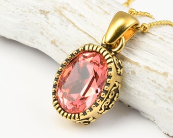 Pink Crystal Gold Necklace - Faceted Crystal Pendant with Gold Plated Chain - Sparkling Romantic Pink Pendant Gift for Women