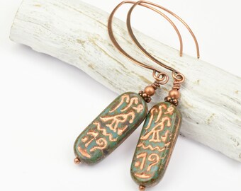 Copper and Turquoise Rustic Earrings - Glass Egyptian Cartouche Bead Dangle Earrings - Copper Jewelry Dangle Earrings with Oversize Hooks