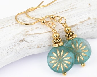 Dark Teal Blue Green and Gold Earrings - Czech Glass Dangle Earrings - Peacock Blue and Gold Jewelry for Women