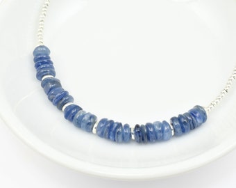 Blue Kyanite Beaded Choker Necklace - Rustic Necklace Made with Gemstones and Glass Beads - Delicate Romantic Blue and Silver Necklace