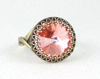 Romantic Pink Jewelry Crystal Ring Vintage Style Bohemian Boho Chic Antique Brass Adjustable or Size 8 Valentine's Day Gifts for Women