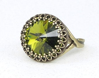 Custom Color or Olive Green Ring Antique Brass Cocktail Ring Adjustable or Size 8 Women's Ring Vintage Style Bronze Ring w Swarovski Crystal