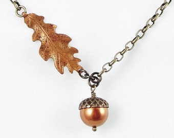 Acorn Necklace Acorn and Oak Leaf Jewelry Copper and Antique Brass Vintaj Beaded Jewelry Fall Jewelry Autumn Jewelry Woodland Rustic