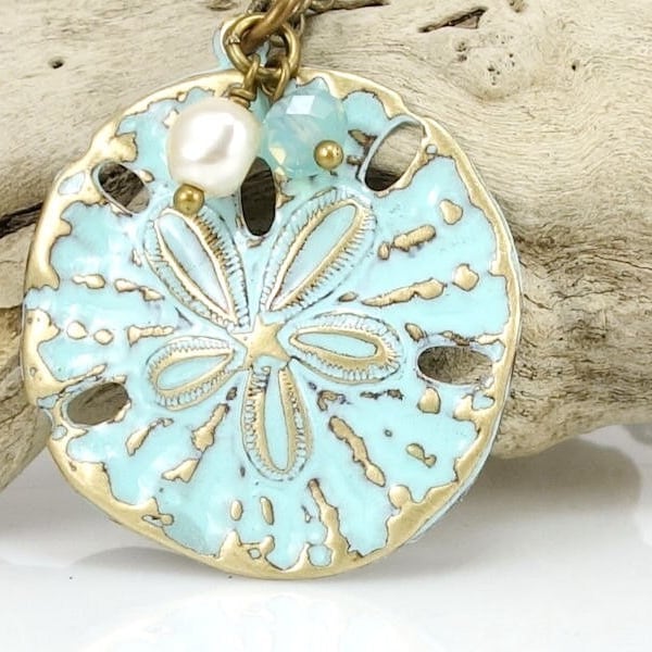 Sand Dollar Necklace Beach Jewelry Turquoise Blue Light Blue Sea Jewelry Ocean Beach Wedding Unique Gift for Women - Antique Brass Necklace