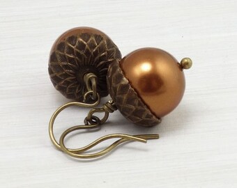 Copper Acorn Earrings - Fall Jewelry - Pearl Earrings - Autumn Jewelry - Short Dangle Fall Earrings - Woodland Acorn Jewelry