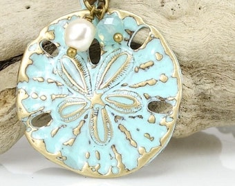 Sand Dollar Necklace Beach Jewelry Turquoise Blue Light Blue Sea Jewelry Ocean Beach Wedding Unique Gift for Women - Antique Brass Necklace