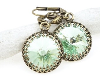 Elegant Vintage Style Mint Green Earrings Filigree Antique Brass Earrings with Swarovski Crystal Ice Green Romantic Vintage Inspired Jewelry