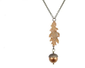 Oak Leaf Necklace Acorn Jewelry Antique Brass Pearl and Copper Jewelry Acorn Necklace Thanksgiving Woodland Harvest Fall Autumn Necklace