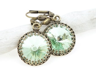 Elegant Vintage Style Mint Green Earrings Filigree Antique Brass Earrings with Swarovski Crystal Ice Green Romantic Vintage Inspired Jewelry