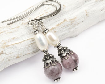 Vintage Inspired Pearl and Gemstone Silver Earrings - Dark Antique Silver Jewelry with Freshwater Pearls and Mauve Jasper - Dangle Earrings