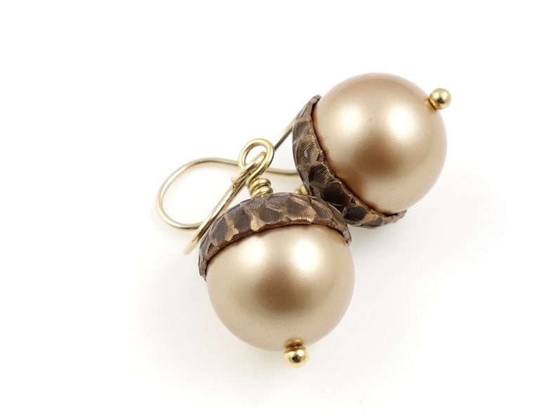 Gold Acorn Earrings Dangle Acorn Jewelry Woodland Earrings Gold Filled Gold-Filled Pearl Earring Autumn Jewelry Fall Earrings Back To School image 2
