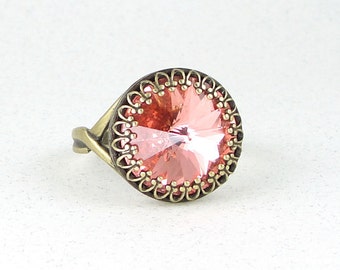 Romantic Pink Jewelry Crystal Ring Vintage Style Bohemian Boho Chic Antique Brass Adjustable or Size 8 Valentine's Day Gifts for Women