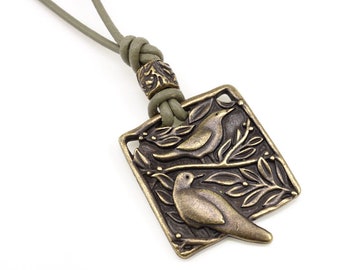 Antique Brass Bird Necklace Pendant with Leather Cord - Bird Jewelry Handmade Gift for Women - Bohemian Boho Chic Jewelry Leaves Tree Doves