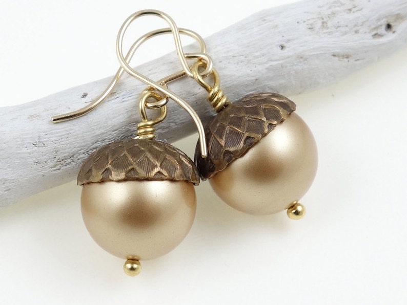 Gold Acorn Earrings Dangle Acorn Jewelry Woodland Earrings Gold Filled Gold-Filled Pearl Earring Autumn Jewelry Fall Earrings Back To School image 1