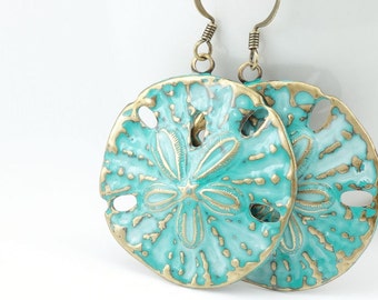 Blue Green Sand Dollar Earrings - Verdigris Patina Color Sand Dollar Jewelry - Beach Jewelry Nautical Summer Earrings Boho Chic Women's Gift
