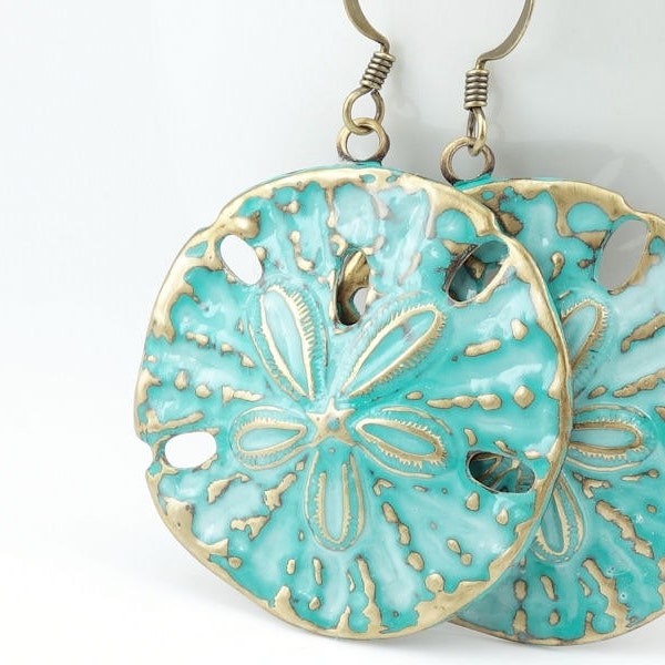 Blue Green Sand Dollar Earrings - Verdigris Patina Color Sand Dollar Jewelry - Beach Jewelry Nautical Summer Earrings Boho Chic Women's Gift