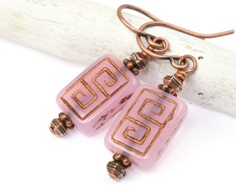 Pink and Copper Earrings - Pink Glass Rectangle Dangle Earrings - Beaded Pink Jewelry - Delicate Earring Gift for Women