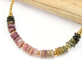 Rustic Watermelon Tourmaline Beaded Choker Necklace - Ombre Rose Pink and Green Gemstone Beaded Necklace - Bohemian Delicate Gold Jewelry