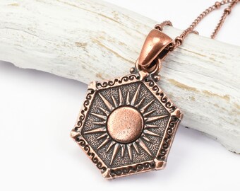 Reversable Copper Necklace - Sun Pendant / Crescent Moon and Stars Pendant - Celestial Jewelry Gift for Women - Antique Copper Necklace