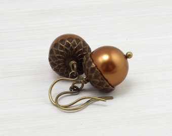 Copper Acorn Earrings - Fall Jewelry - Pearl Earrings - Autumn Jewelry - Short Dangle Fall Earrings - Woodland Acorn Jewelry