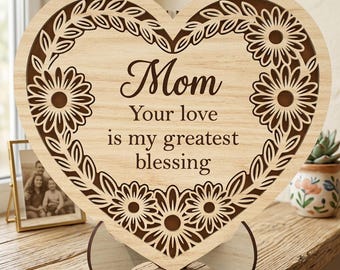 Mother's Day Heart Plaque SVG, Floral Heart Laser Cut File, Mom Birthday Gift Wood Decor, Glowforge xTool CNC Digital Design, Mothers Gift