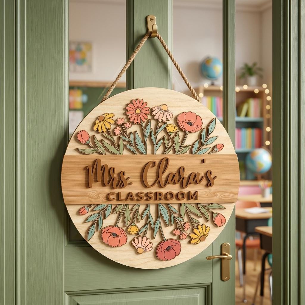 Floral Teacher Door Hanger SVG, Personalized Classroom Name Sign Laser ...
