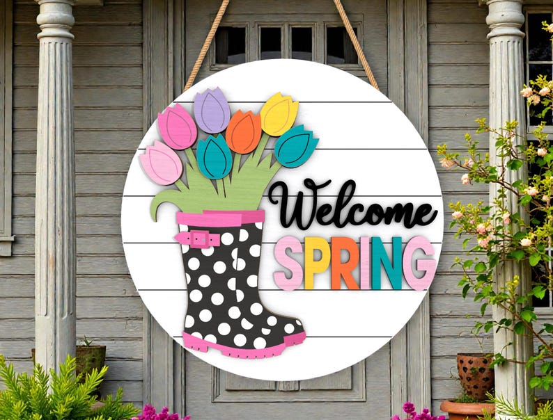 Welcome Spring Rain Boot Sign Laser Cut File, Tulip Flower Door Hanger ...
