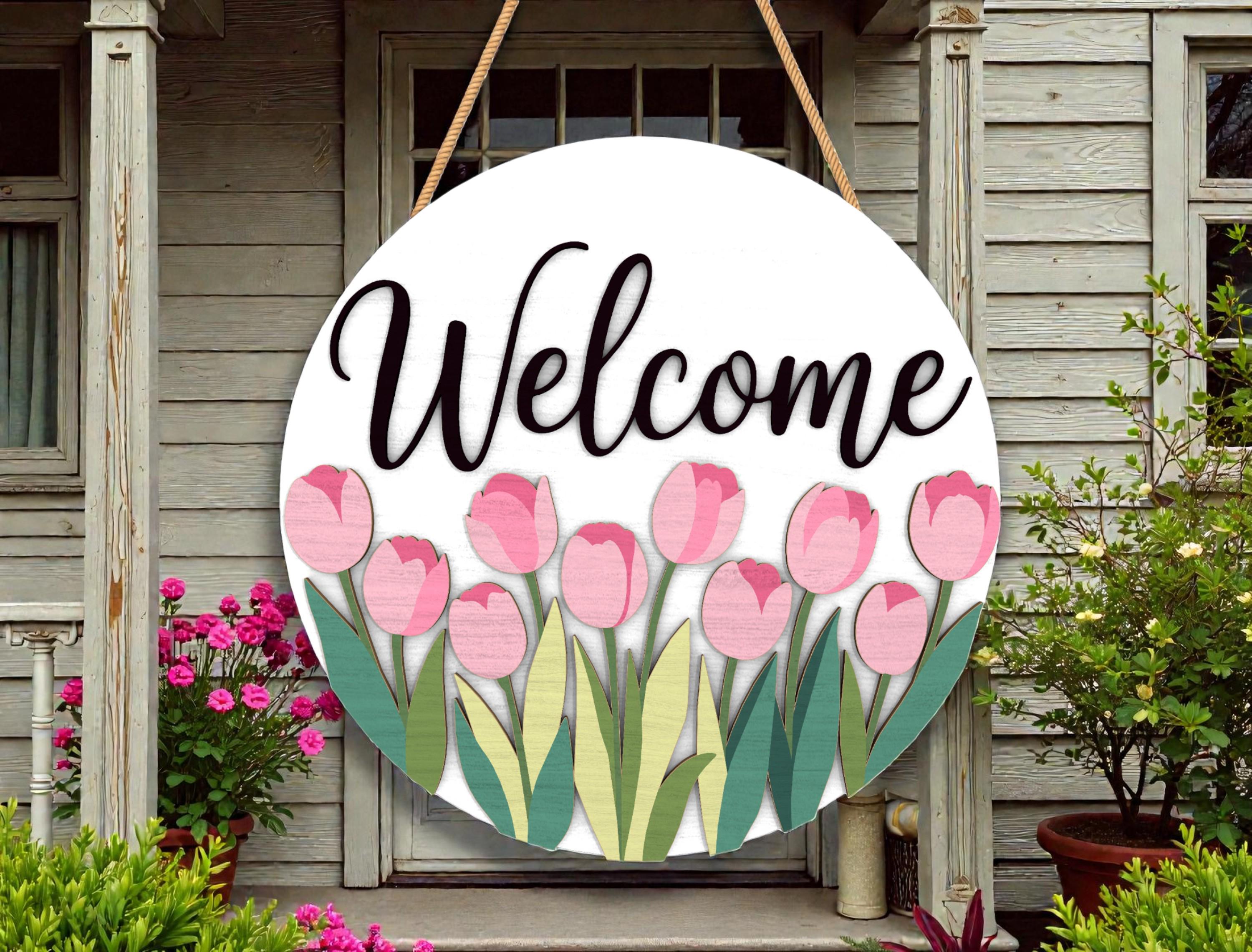 Welcome Tulip Flower Sign Laser Cut File, Spring Round Door Hanger