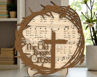 The Old Rugged Cross Laser Cut File SVG, Christian Cross with Crown of Thorns Svg, Hymn Music Wooden Sign, Easter Decor ,Glowforge xTool
